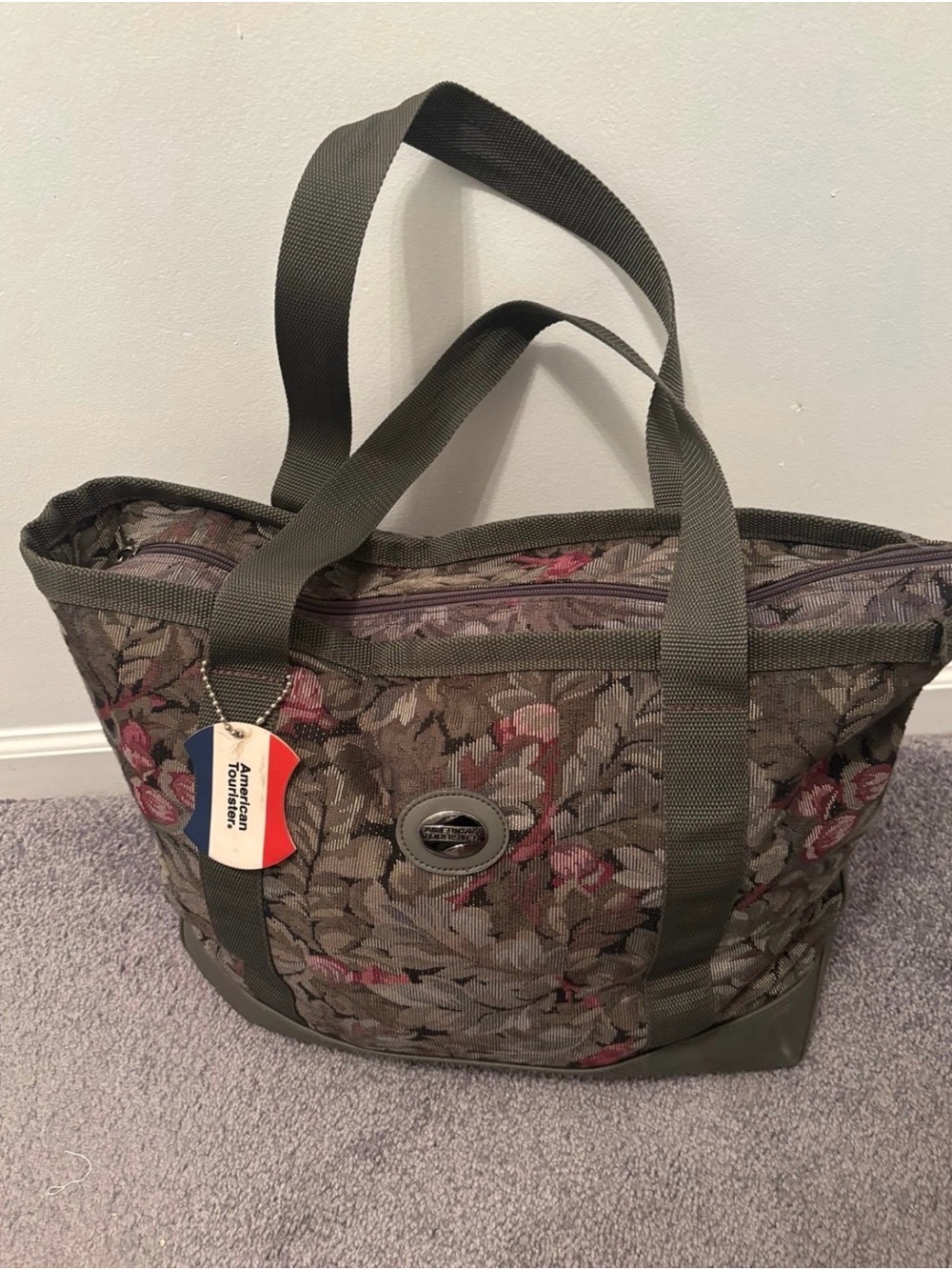 Large Floral Jacquard  American Tourister Tote in Olive